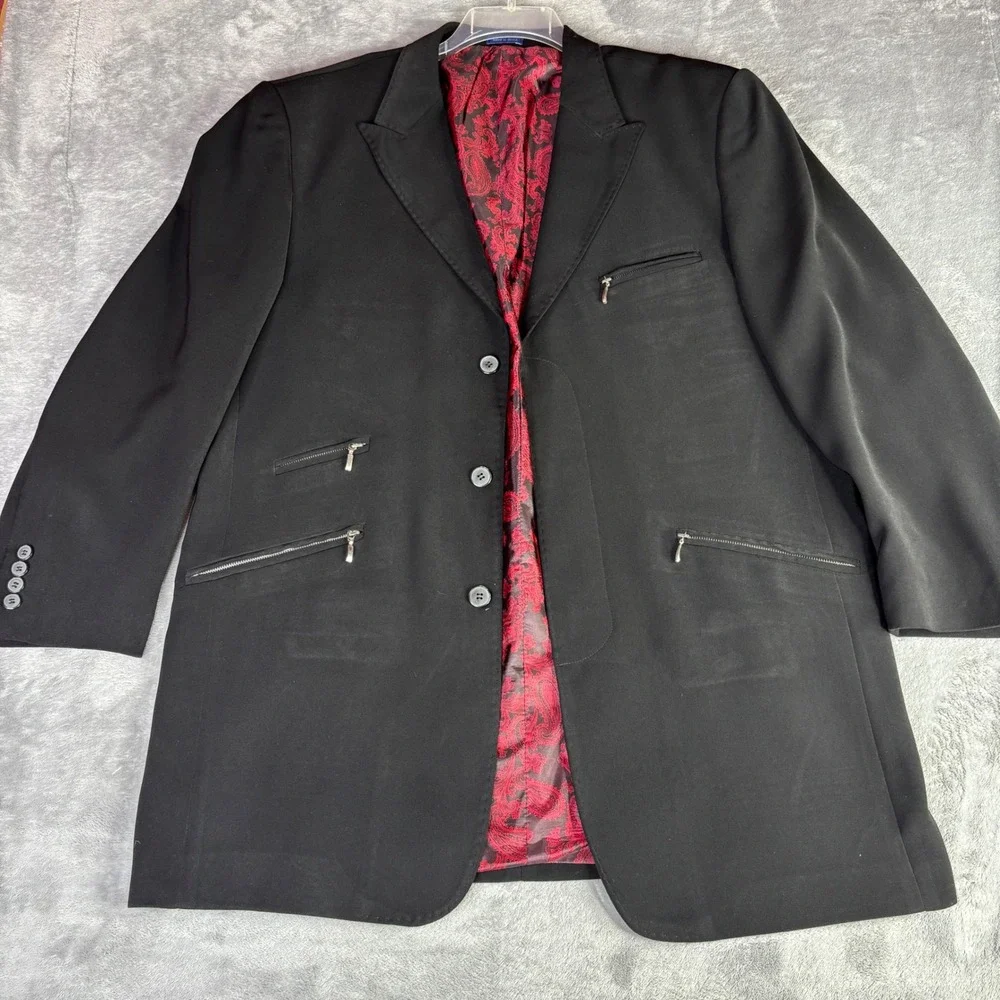 Blu Martini Blazer Mens 46 Black Red Paisley Lining Zipper Pockets Fashion Coat
